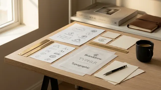 Logo sketches and typography studies on a desk