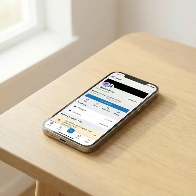 A phone on a desk showing a branded social feed