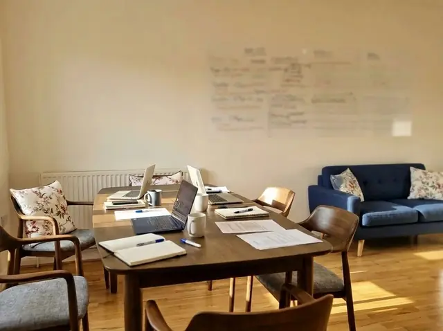 A studio meeting room set up for a strategy workshop