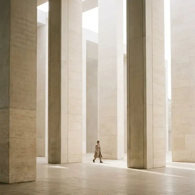 A figure walking between tall travertine columns