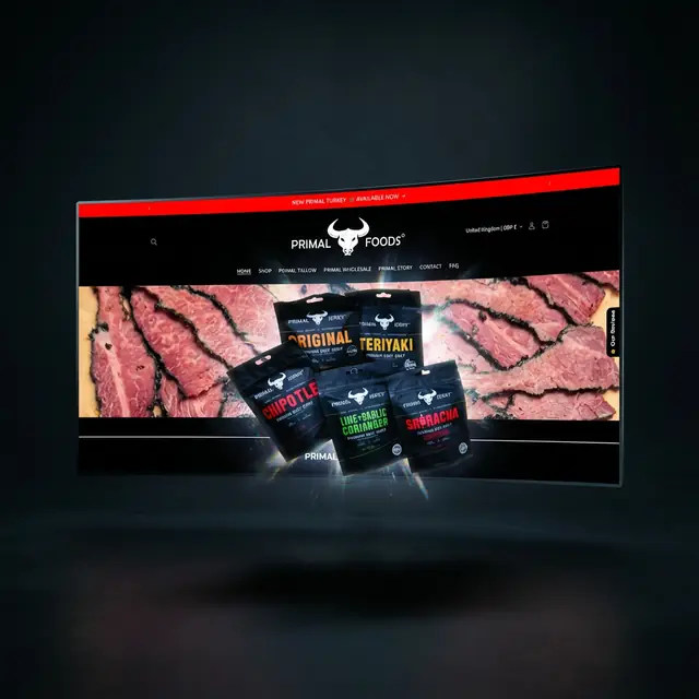 The Primal Foods website and pouches floating against a dark backdrop